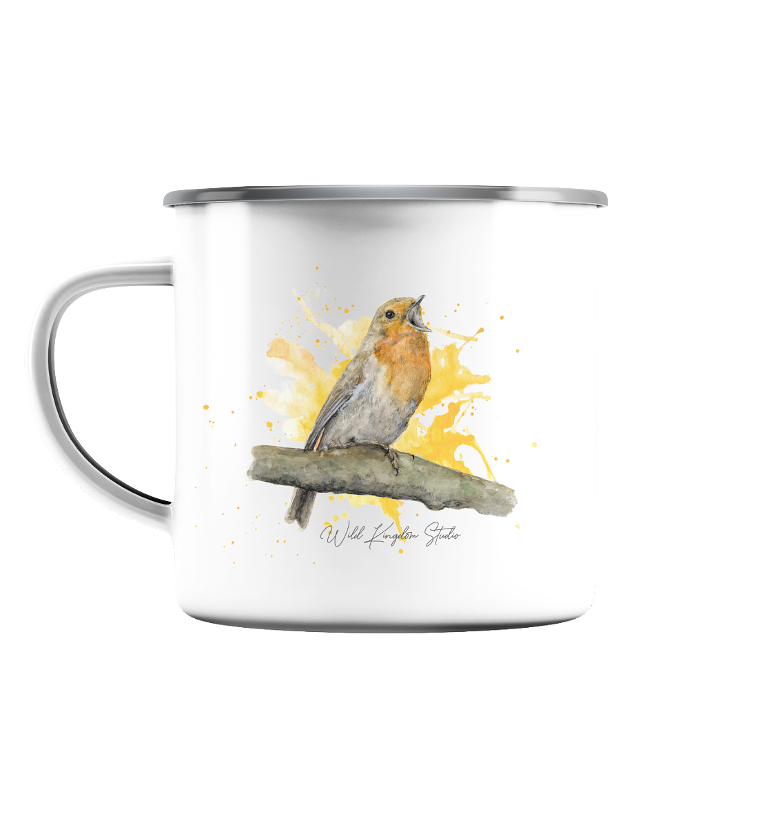 Rotkehlchen Splash - Emaille Tasse (Silber)